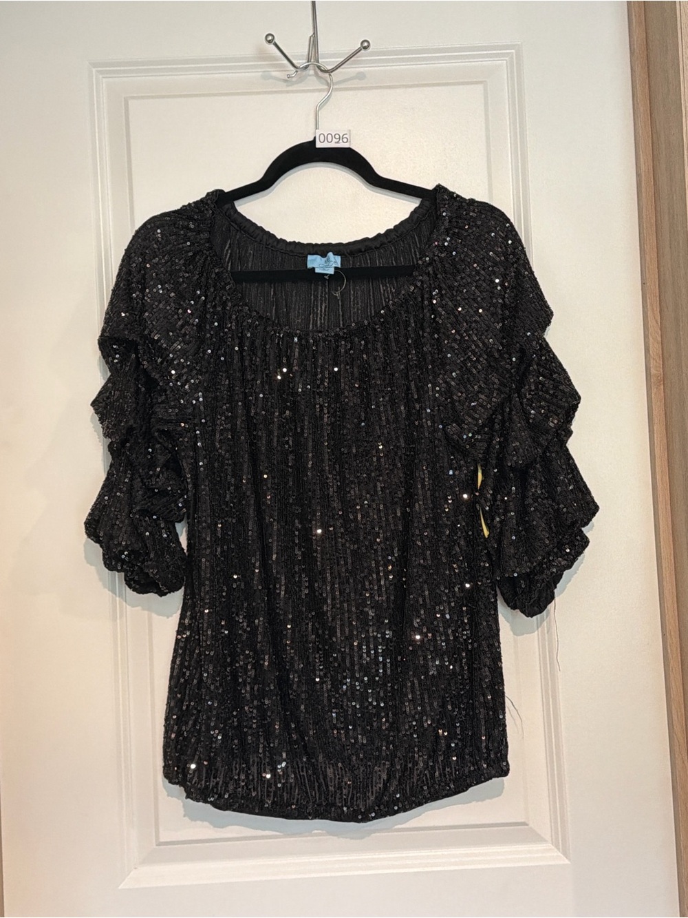 CeCe Black Sequin Ruffle Sleeve Blouse